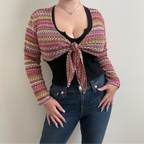 Vintage Tops - !SOLD! CUTE GIRL USA Y2K Multicolor Crochet Knit Wrap Cropped Long Sleeve Top